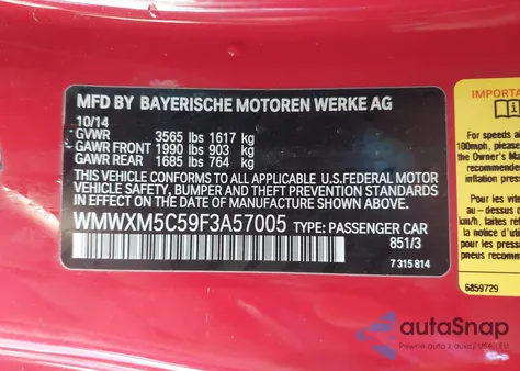 2015 Mini Hardtop Cooper from USA, damaged, VIN WMWXM5C59F3A57005